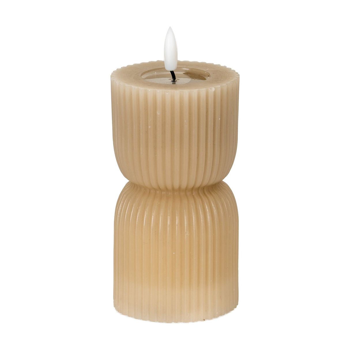Hill Interiors Stone Carved LED Pillar Candle in beige with ribbed hourglass form and flickering flame-effect tip, shown on a plain white background.