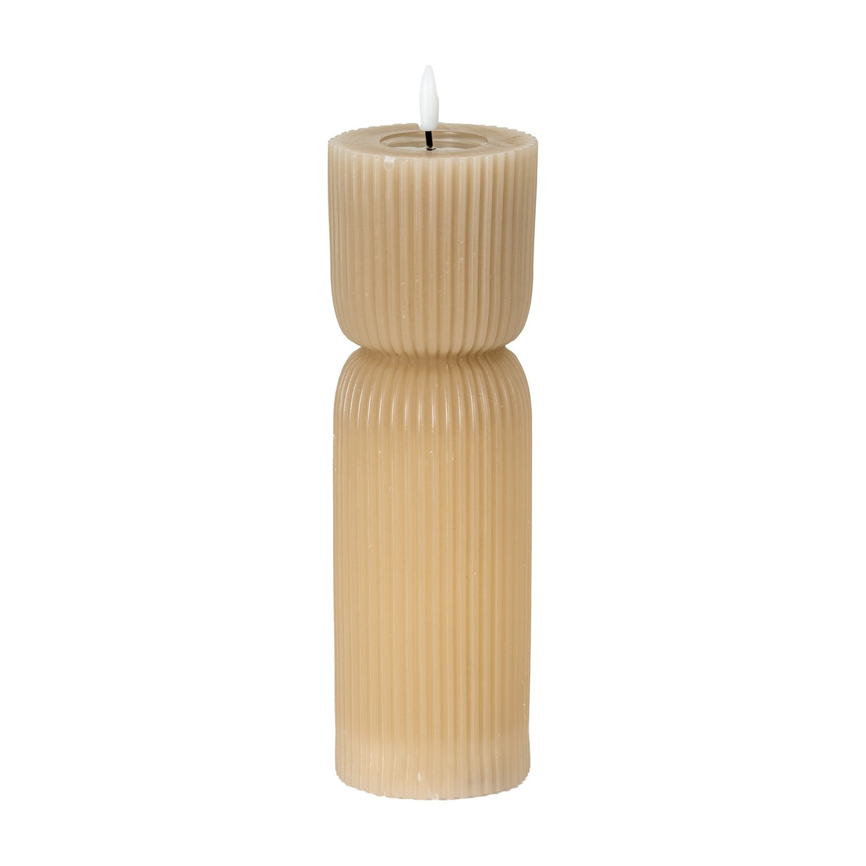 Hill Interiors Natural Glow beige stone-carved LED pillar candle with ribbed hourglass form and soft flickering flame tip, shown on a plain white background.