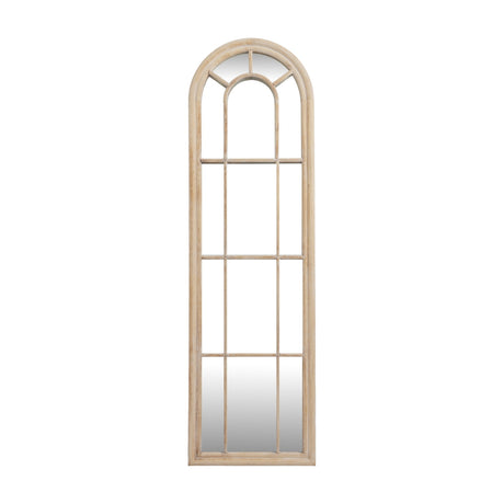 Hill Interiors Washed Wood Tall Arched Window Mirror in brown, with divided glazing bars and arched top, shown against a plain white background.