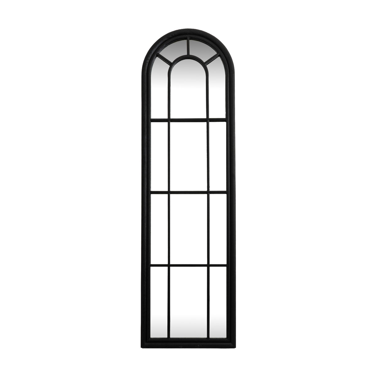 Hill Interiors tall arched window wall mirror with matt black wood frame and slim glazing bars dividing the panes, shown against a plain white background.