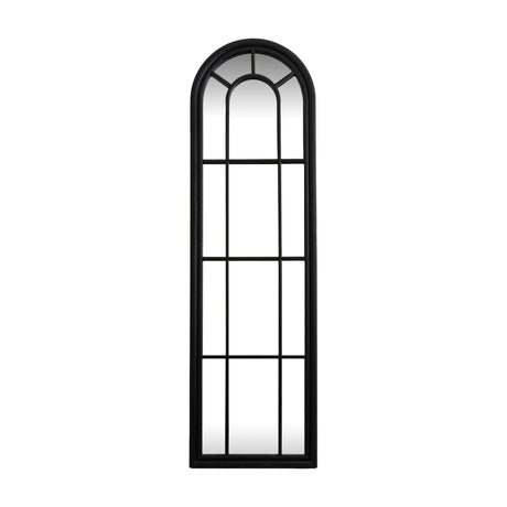 Hill Interiors tall arched window wall mirror with matt black wood frame and slim glazing bars dividing the panes, shown against a plain white background.