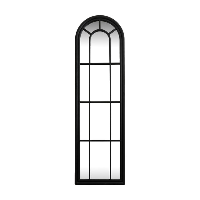 Hill Interiors tall arched window wall mirror with matt black wood frame and slim glazing bars dividing the panes, shown against a plain white background.
