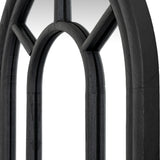 Close-up of Hill Interiors Tall Arched Window Mirror showing the matt black wood frame with slim glazing bars forming arched panes.