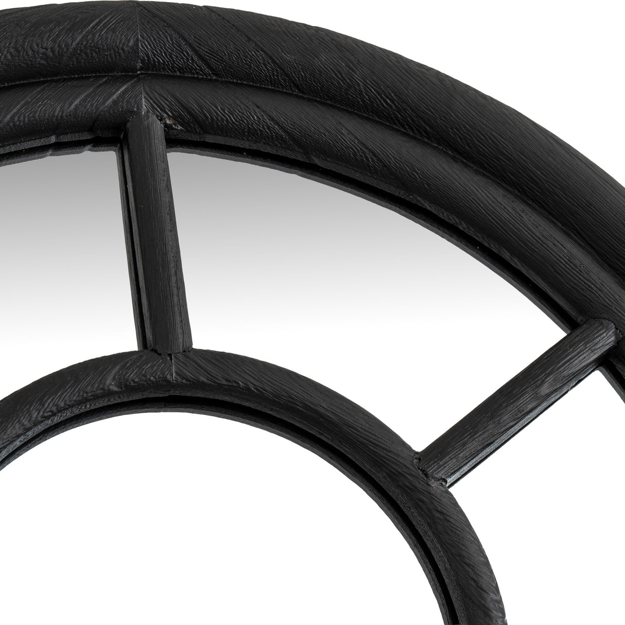 Close-up of the Hill Interiors Tall Arched Window Mirror showing the matt black wood frame's curved top and slim glazing bars dividing the glass panes.