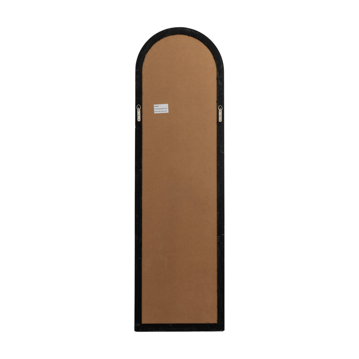 Rear view of the Hill Interiors Tall Arched Window Mirror showing the matt black frame, brown backing, and twin hanging brackets on white.