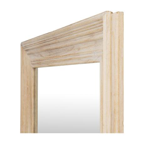 Close-up of the Hill Interiors Large Washed Wood Framed Mirror in brown, showing the ridged corner detail and grained washed finish against a white background.