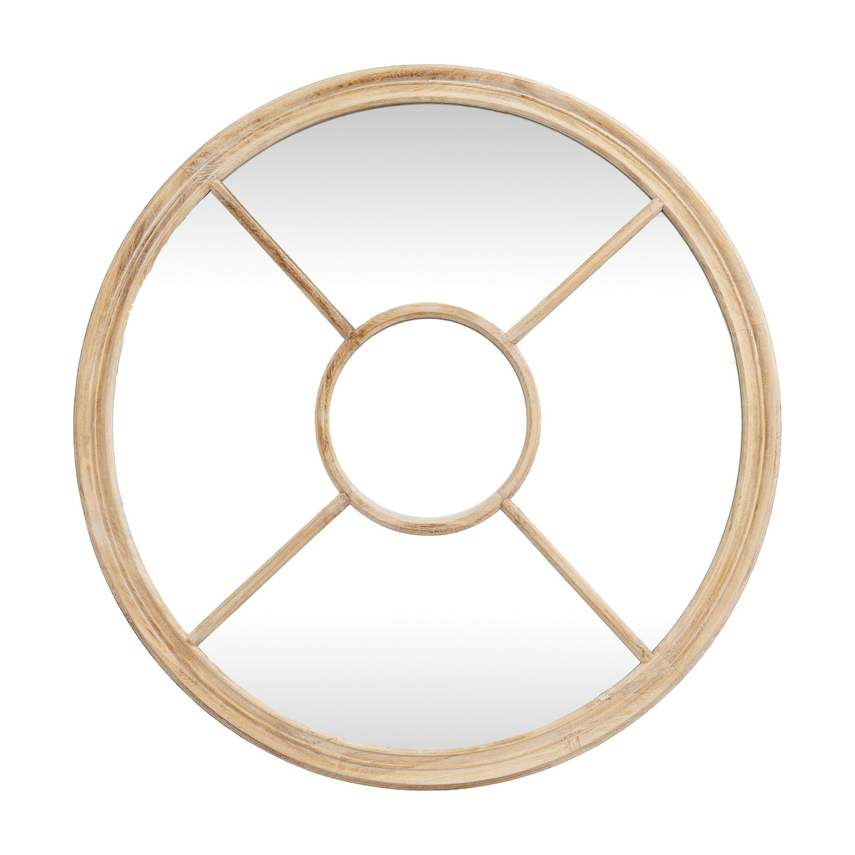 Hill Interiors Washed Wood Round Window Mirror in brown with cross bars and a central circle dividing the glass, shown on a plain white background.