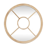 Hill Interiors Washed Wood Round Window Mirror in brown with cross bars and a central circle dividing the glass, shown on a plain white background.
