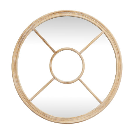 Hill Interiors Washed Wood Round Window Mirror in brown with cross bars and a central circle dividing the glass, shown on a plain white background.