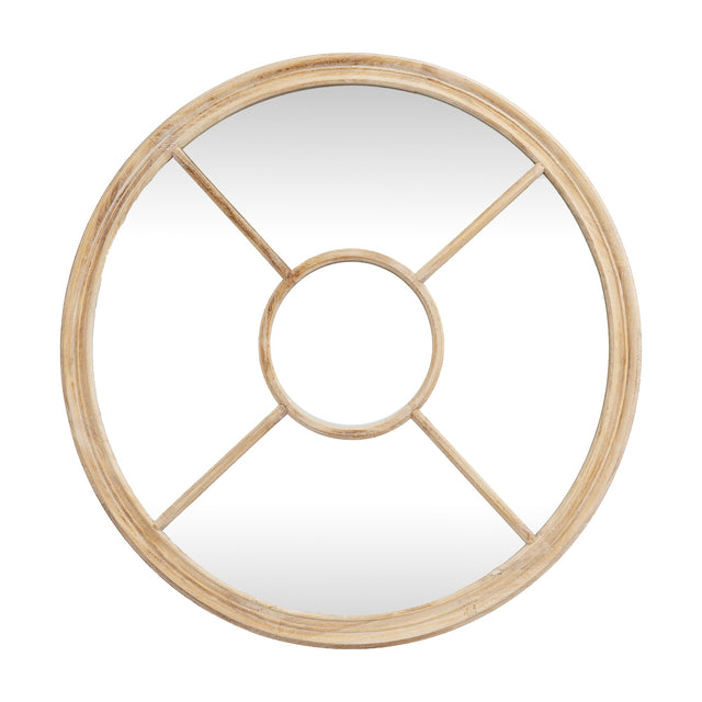 Hill Interiors Washed Wood Round Window Mirror in brown with cross bars and a central circle dividing the glass, shown on a plain white background.