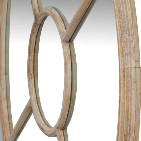 Close-up of Hill Interiors Washed Wood Round Window Mirror in brown, showing the curved timber frame and cross bar detail with visible natural grain.