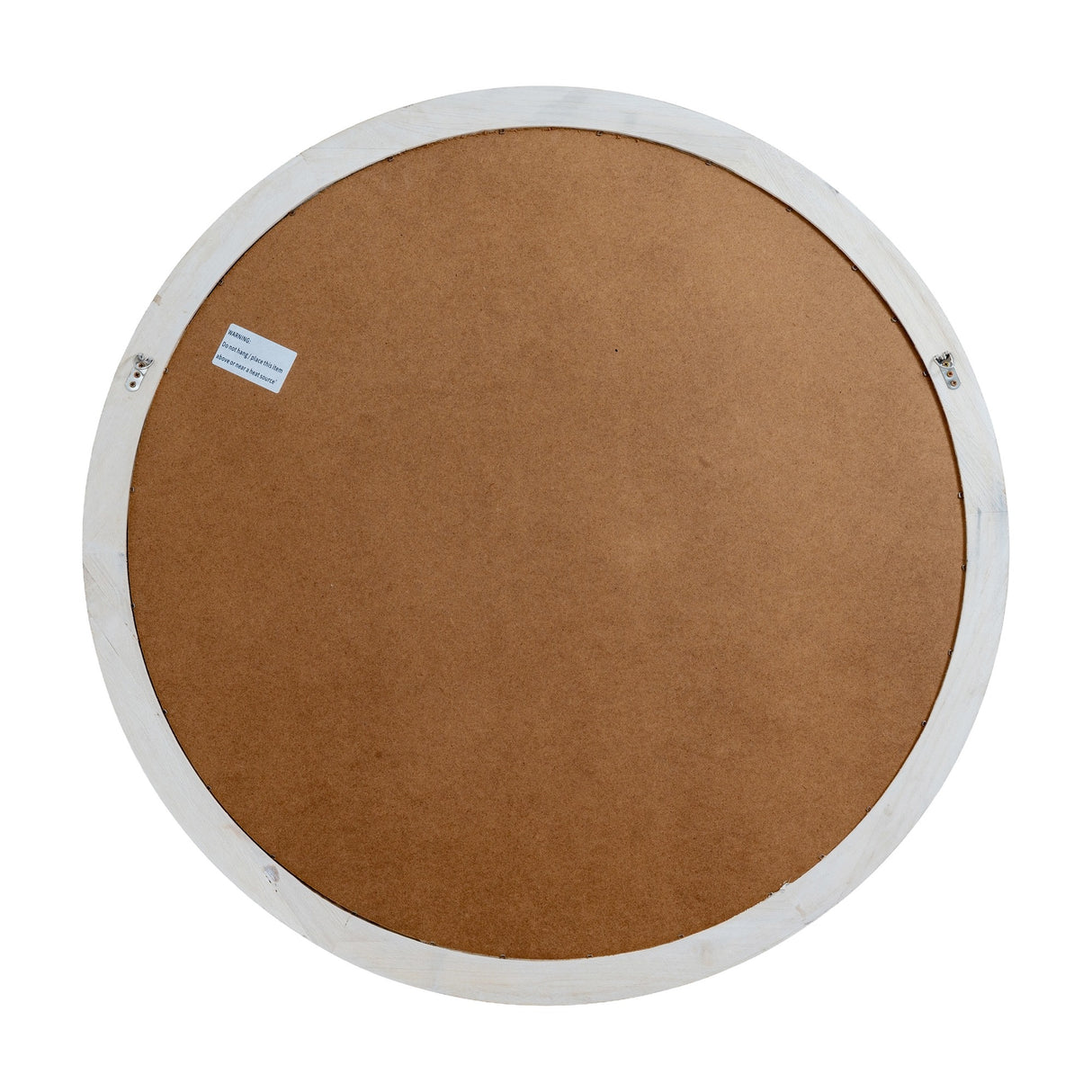 Rear view of the Hill Interiors Washed Wood Round Window Mirror in brown, showing the MDF backing board, wooden frame edge and two hanging brackets.