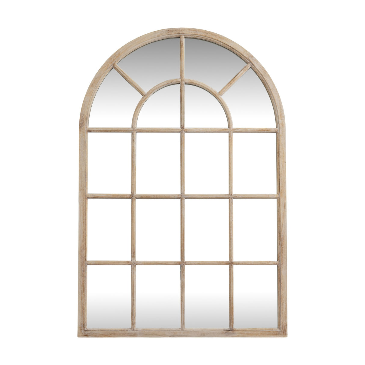 Hill Interiors Washed Wood Arched Window Mirror in brown, a large wall mirror with wooden pane frame and curved top, shown on a white background.