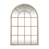 Hill Interiors Washed Wood Arched Window Mirror in brown, a large wall mirror with wooden pane frame and curved top, shown on a white background.