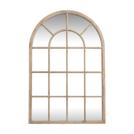 Hill Interiors Washed Wood Arched Window Mirror in brown, a large wall mirror with wooden pane frame and curved top, shown on a white background.