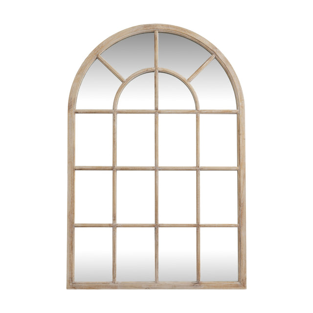 Hill Interiors Washed Wood Arched Window Mirror in brown, a large wall mirror with wooden pane frame and curved top, shown on a white background.