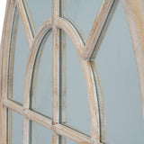 Close-up of Hill Interiors Washed Wood Arched Window Mirror in brown, showing the curved wooden pane detailing and soft washed grain finish.