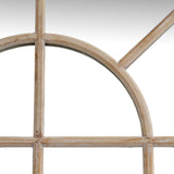Close-up of Hill Interiors Washed Wood Arched Window Mirror in brown, showing the arched top and window-pane bar detailing on the light wood frame.