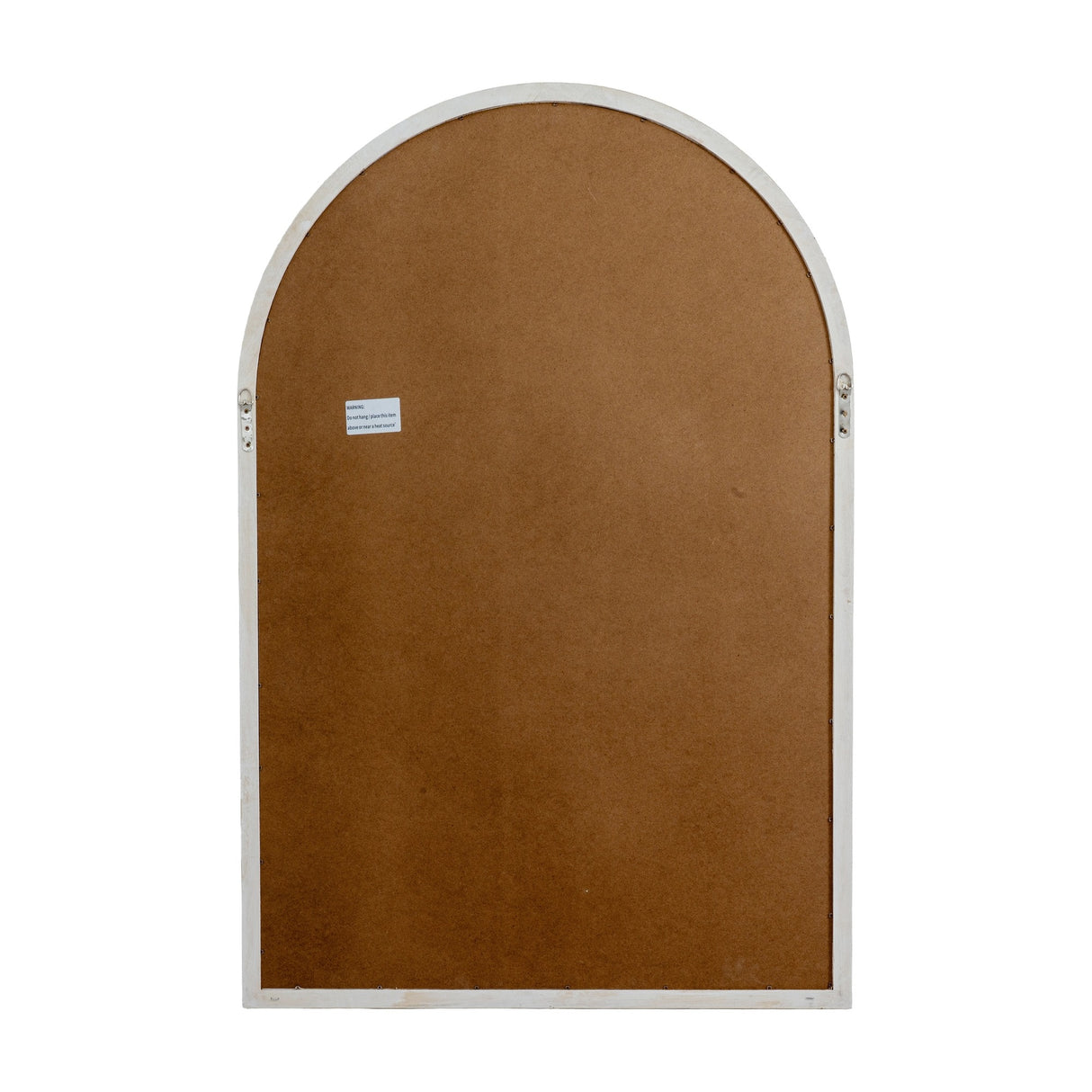 Back view of the Hill Interiors Washed Wood Arched Window Mirror in brown, showing the MDF backing, wooden frame edges and hanging hooks on a white background.