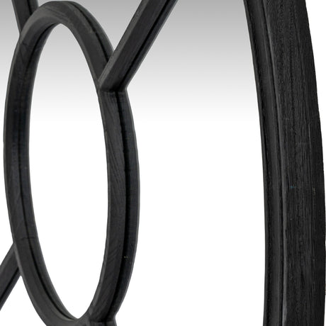 Close-up of the Hill Interiors Black Wood Round Window Mirror with a matte black frame and intersecting glazing-bar dividers on a white background.