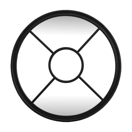 Hill Interiors Black Wood Round Window Mirror with matte black frame, glazing-bar dividers and central circular pane, shown on a plain white background.