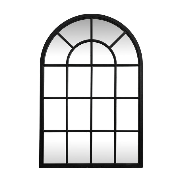 Hill Interiors Black Wood Arched Window Mirror with a Crittall-style paned design and slim black wooden frame, shown against a plain white background.