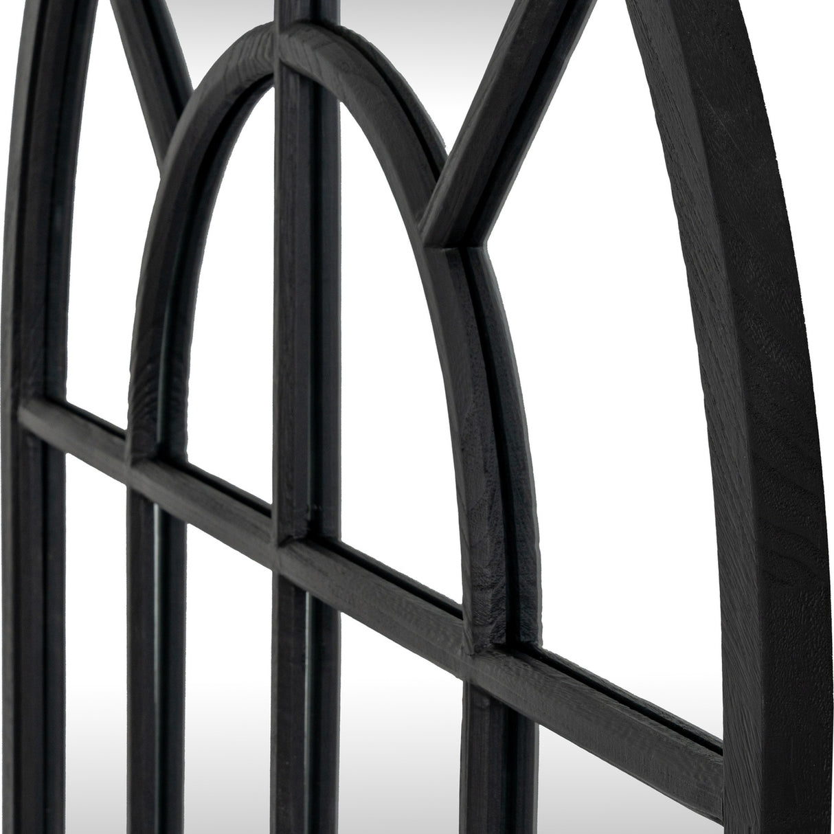 Close-up of the Hill Interiors Black Wood Arched Window Mirror showing the black wooden frame with slim panes and gently curved arched top.