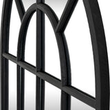 Close-up of the Hill Interiors Black Wood Arched Window Mirror showing the black wooden frame with slim panes and gently curved arched top.