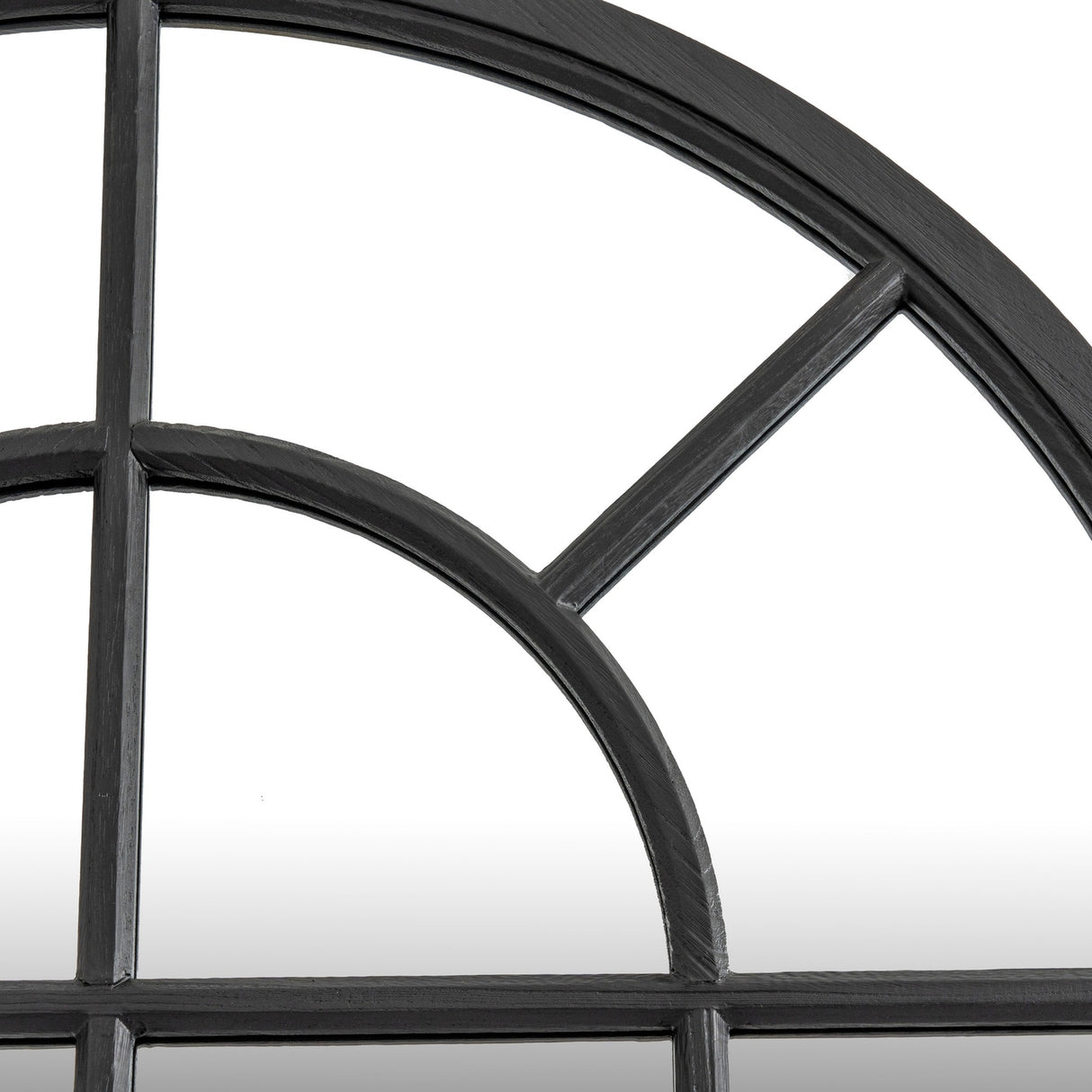 Close-up of Hill Interiors Black Wood Arched Window Mirror showing the black wooden frame's curved top section and segmented pane grid.