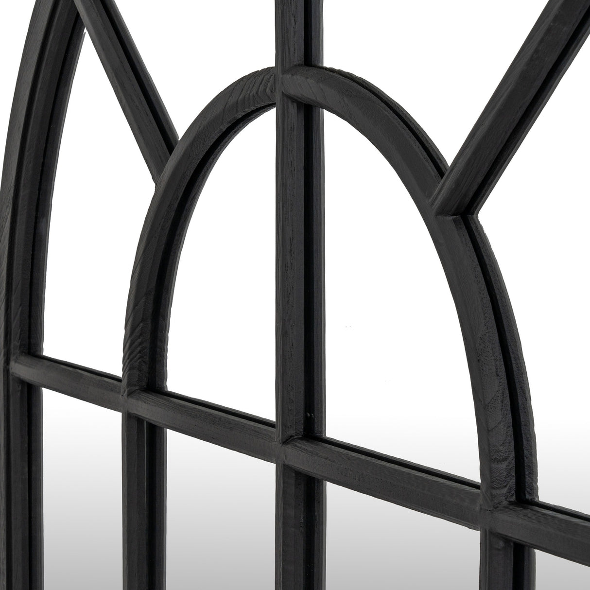 Close-up of the Hill Interiors Black Wood Arched Window Mirror showing the black wooden frame, arched top and grid of glass panes.