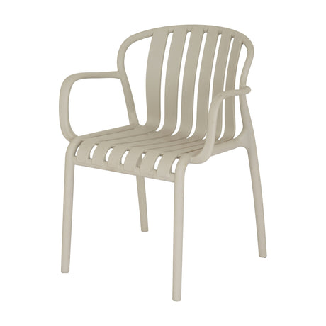 Hill Interiors Carver dining chair in beige moulded plastic with a curved slatted backrest, armrests and slim tapered legs on a plain white background.
