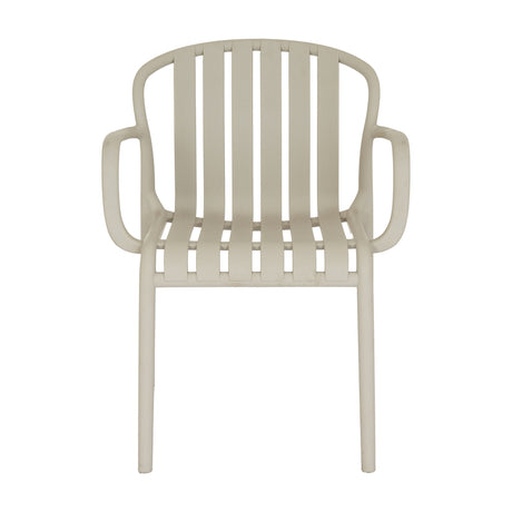 Hill Interiors Carver Dining Chair in beige, a moulded plastic accent chair with slatted seat and back, curved armrests, shown on a white background.