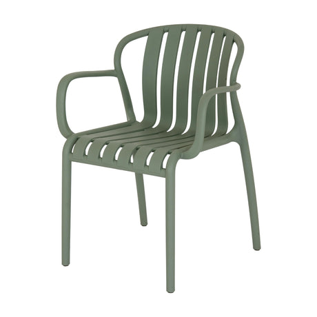 Hill Interiors French Grey Carver Chair with slatted moulded plastic back, curved seat and integrated armrests in matte grey, on a white background.