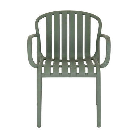 Hill Interiors French Grey Carver Chair with moulded plastic slatted back and seat, curved armrests, and matte grey finish on a white background.