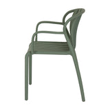 Side view of Hill Interiors French Grey Carver Chair in matte plastic with slatted back, integrated armrests and tapered legs on a white background.