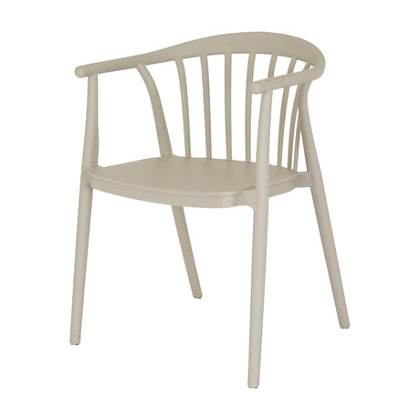 Hill Interiors Moulded Plastic Accent Chair in beige with a curved spindle back, rounded armrests and slim tapered legs, shown on a plain white background.