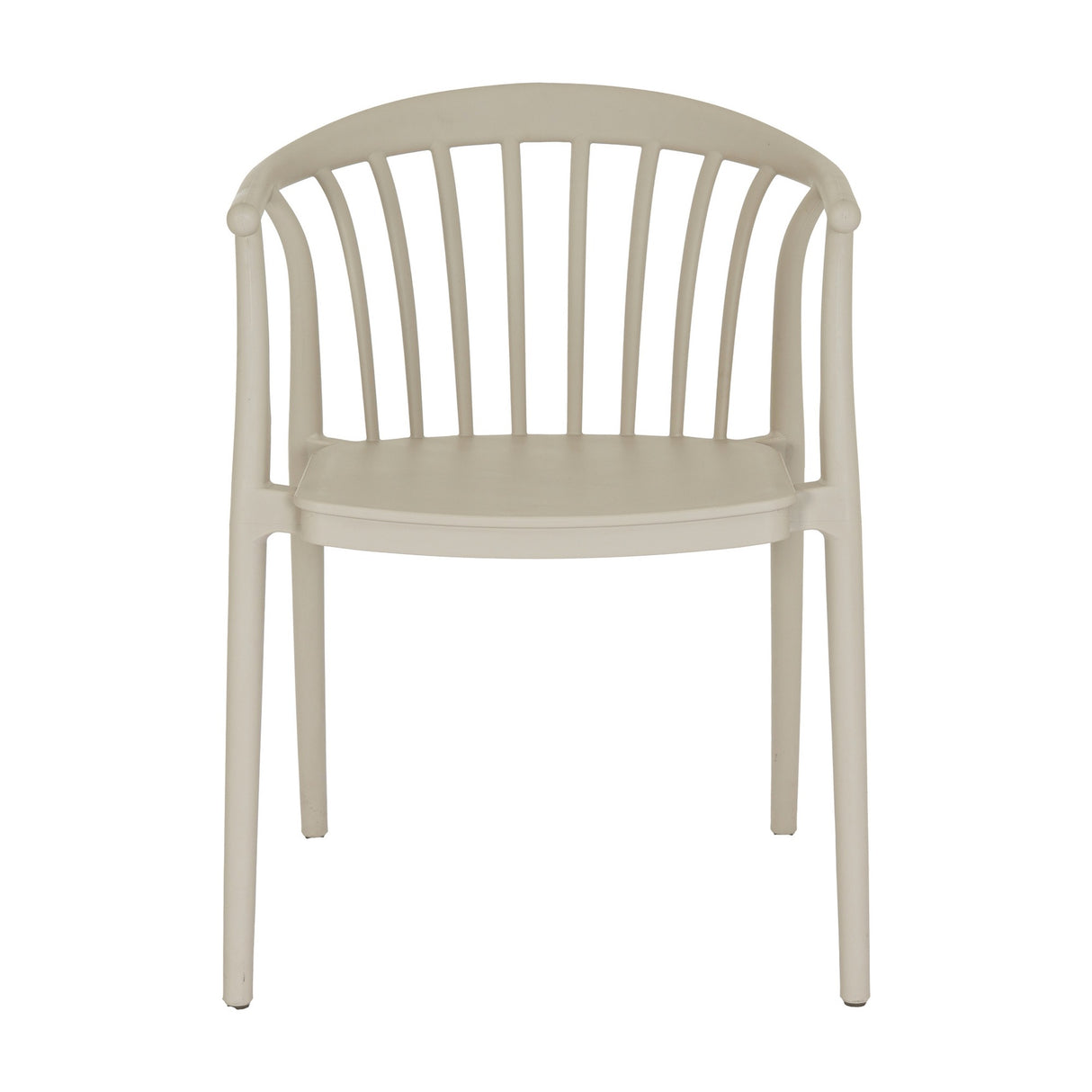 Hill Interiors Moulded Plastic Accent Chair in beige, front view showing curved spindle back, rounded seat and tapered legs on a white background.