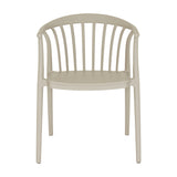 Hill Interiors Moulded Plastic Accent Chair in beige, front view showing curved spindle back, rounded seat and tapered legs on a white background.