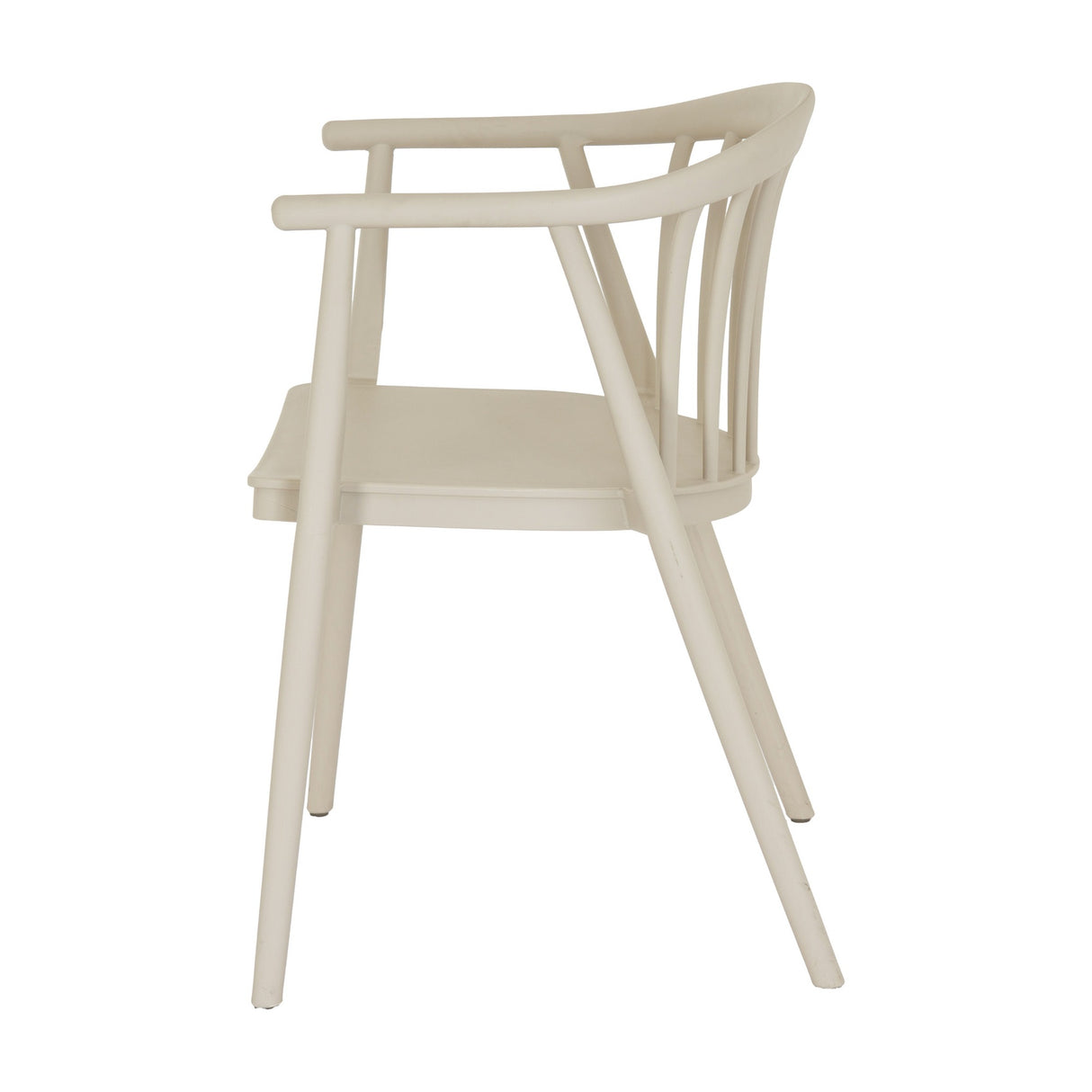 Hill Interiors Moulded Plastic Accent Chair in beige, side view showing curved spindle back, armrests and splayed legs on a white background.
