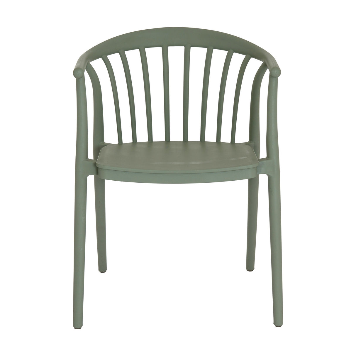 Hill Interiors Moulded Plastic Accent Chair in French grey, front view showing curved spindle back, rounded arms and slim legs on a white background.