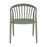 Hill Interiors Moulded Plastic Accent Chair in French grey, front view showing curved spindle back, rounded arms and slim legs on a white background.