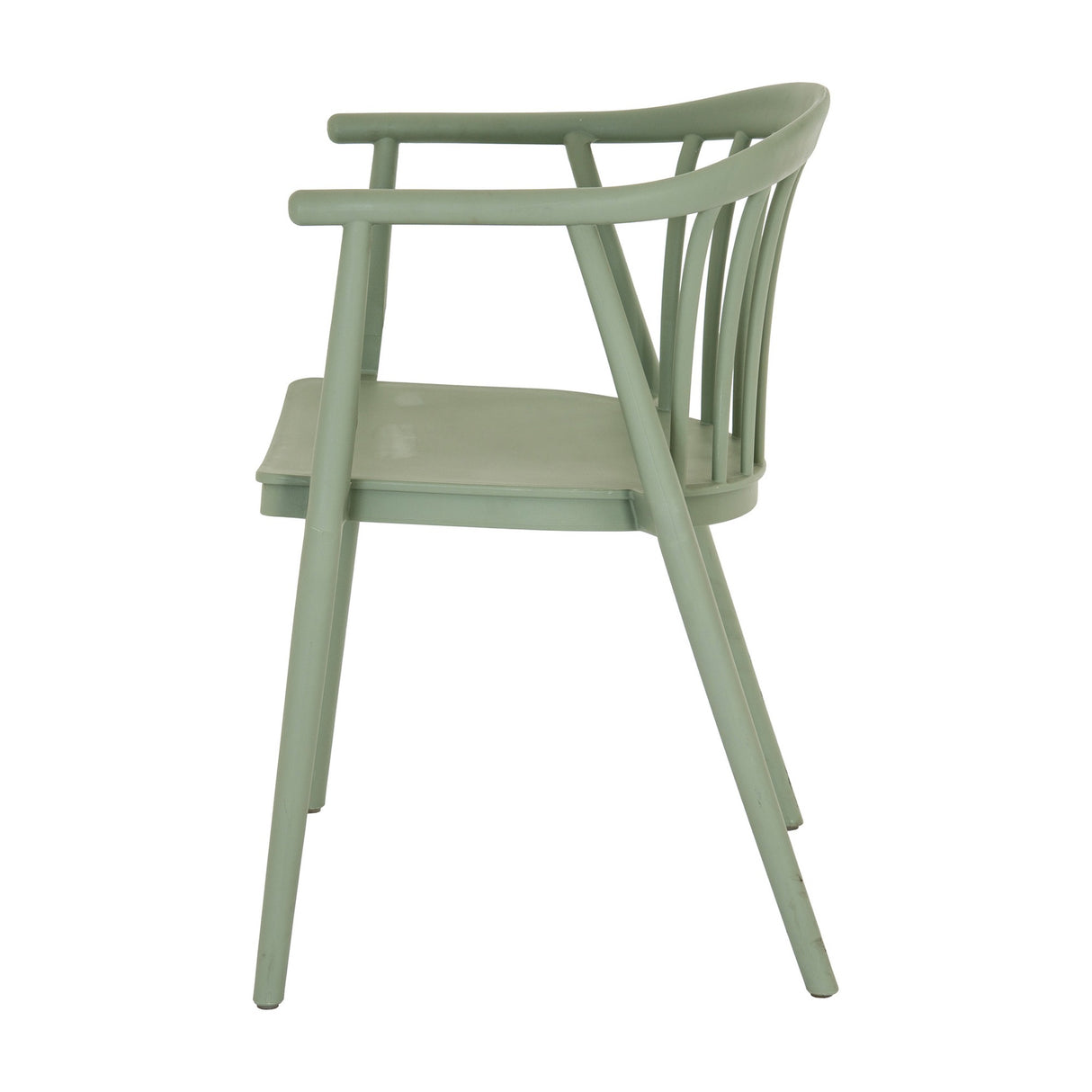 Hill Interiors Moulded Plastic Accent Chair in grey, side view showing curved spindle back, armrests and slim tapered legs on a white background.