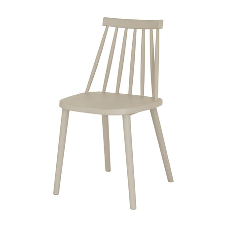 Hill Interiors Brolvanic Accent Chair in beige moulded plastic with spindle back and four tapered legs, shown on a plain white background.