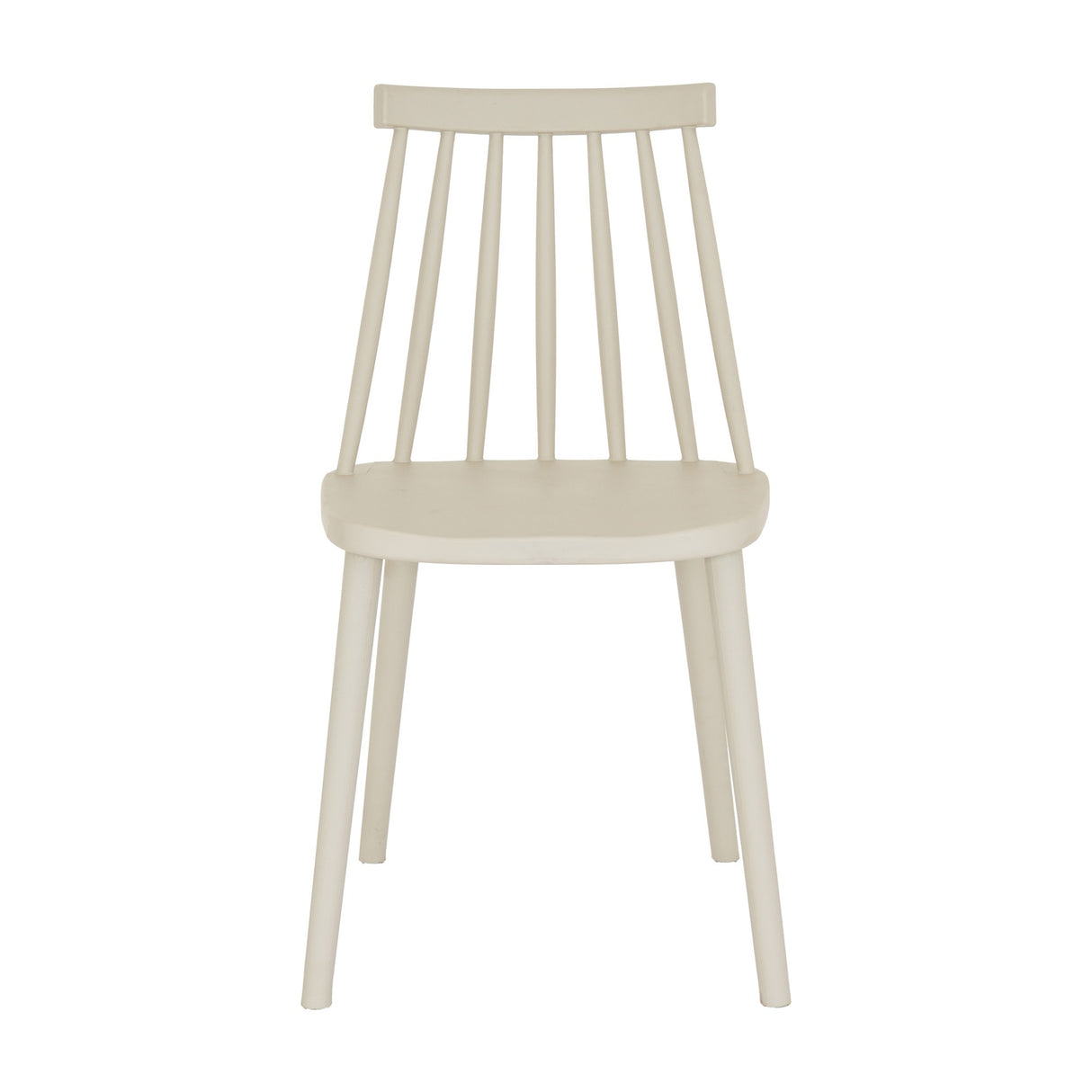 Hill Interiors Brolvanic Accent Chair in beige moulded plastic with spindle back and tapered legs, shown front-on against a plain white background.