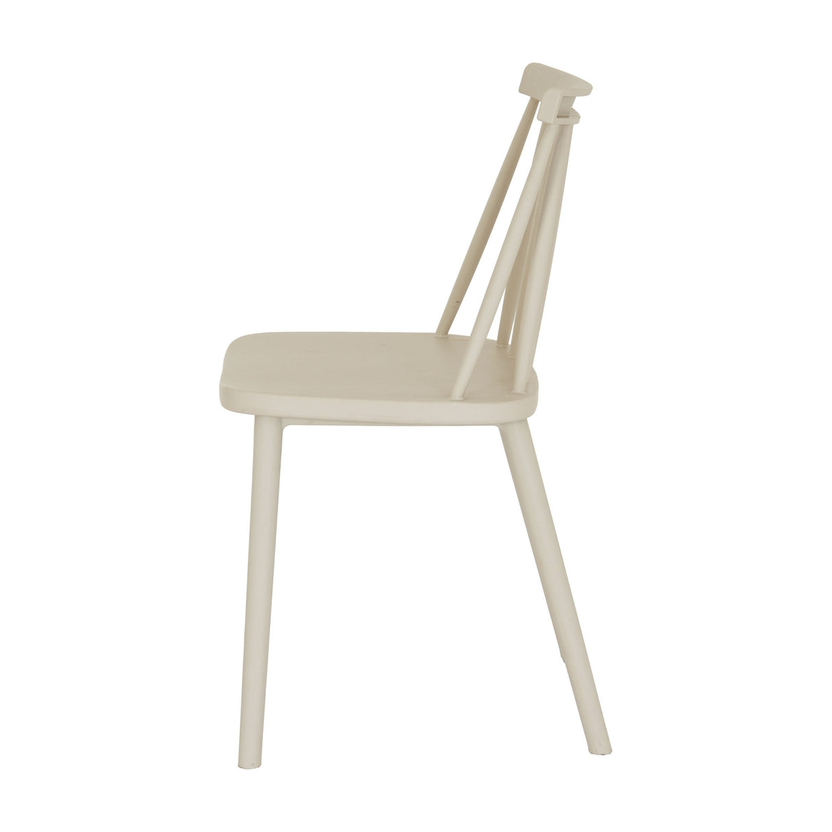Side view of Hill Interiors Brolvanic Accent Chair in beige moulded plastic with spindle back and matte finish, on a plain white background.