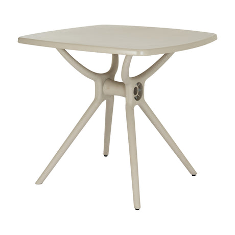 Hill Interiors Pedestal Side Table in beige, a moulded plastic table with a rounded square top and splayed four-leg base, shown on a plain white background.