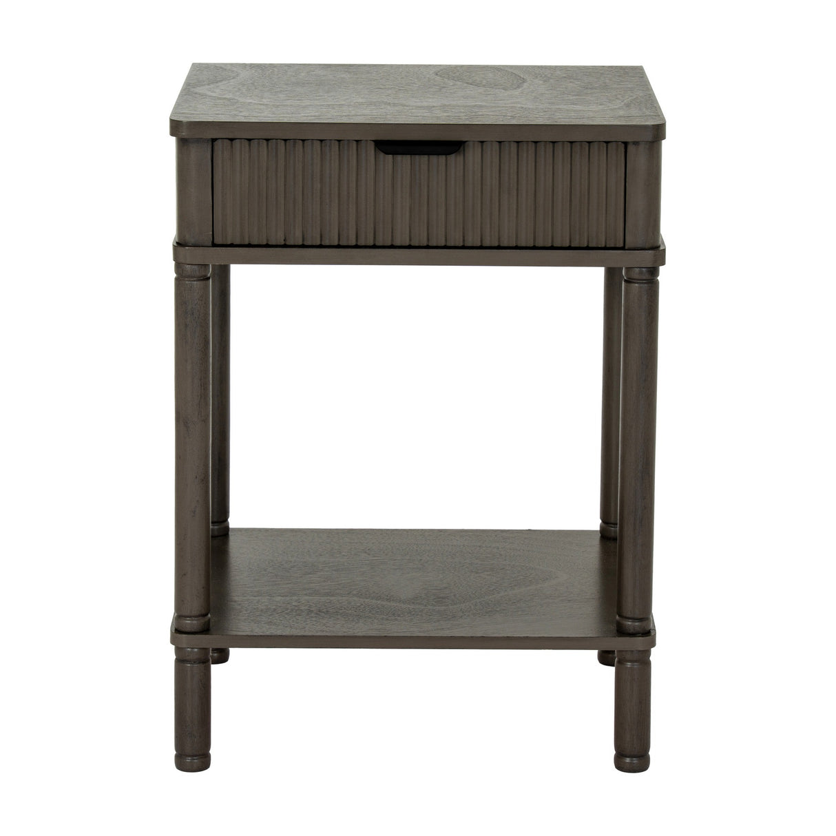 Hill Interiors 1 Drawer Wooden Side Table in grey with a fluted drawer front, lower shelf and turned legs, shown against a plain white background.