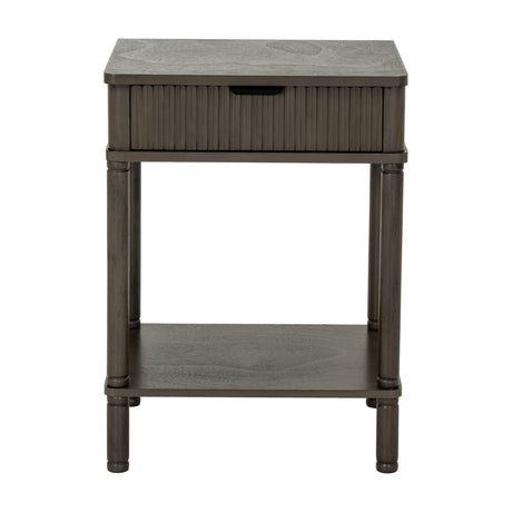 Hill Interiors 1 Drawer Wooden Side Table in grey with a fluted drawer front, lower shelf and turned legs, shown against a plain white background.
