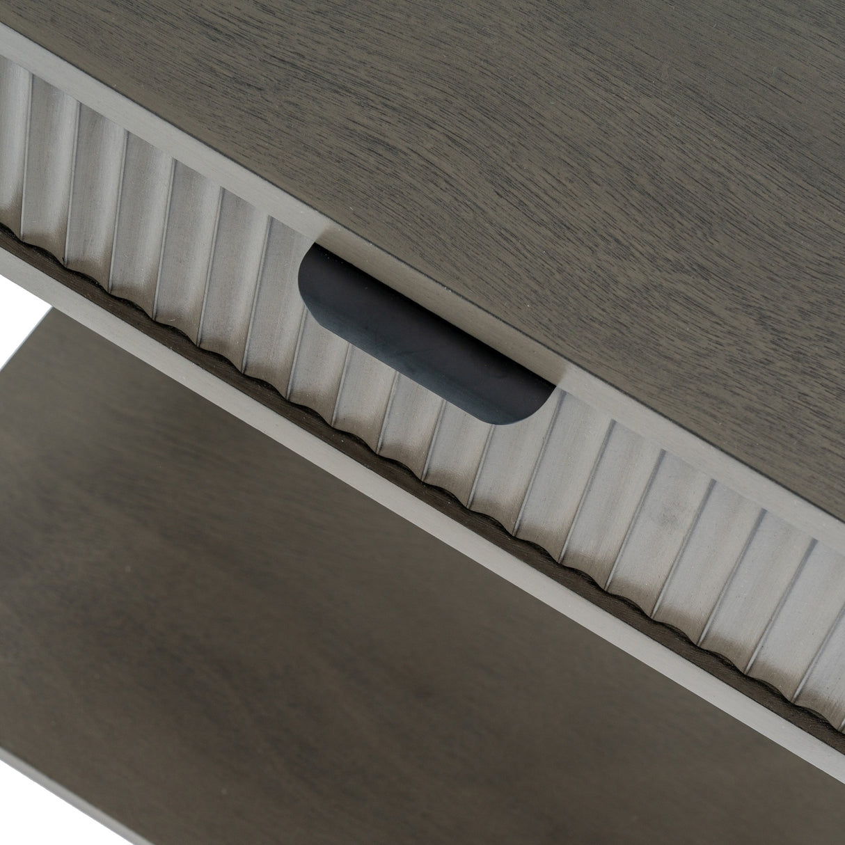 Close-up of the Hill Interiors 1 Drawer Wooden Side Table in grey, showing the fluted drawer edge with recessed black pull handle.