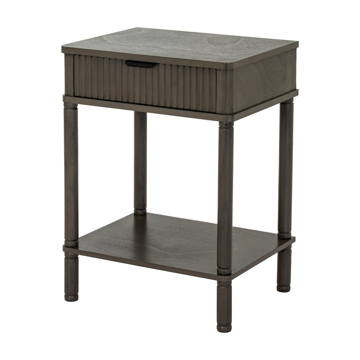 Hill Interiors 1 Drawer Wooden Side Table in grey with fluted drawer front, lower shelf and turned legs, shown on a plain white background.